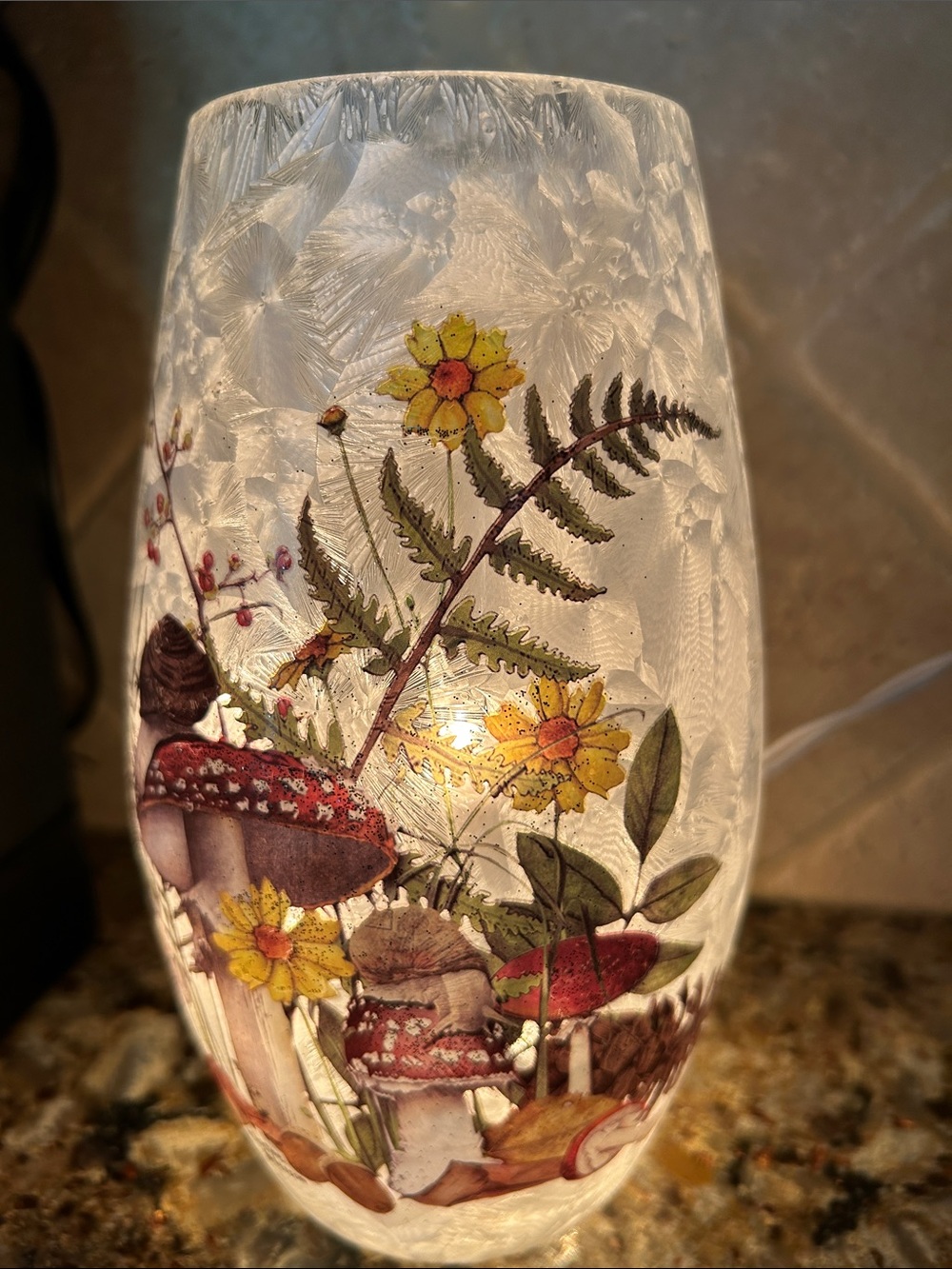 Pearlized Glass Vase with Mushroom & Wildflower Motif